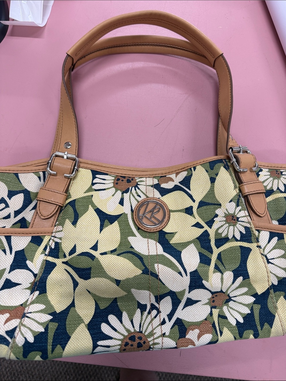 Kathy Van Zeeland Navy Floral Canvas Tote with Tan Trim